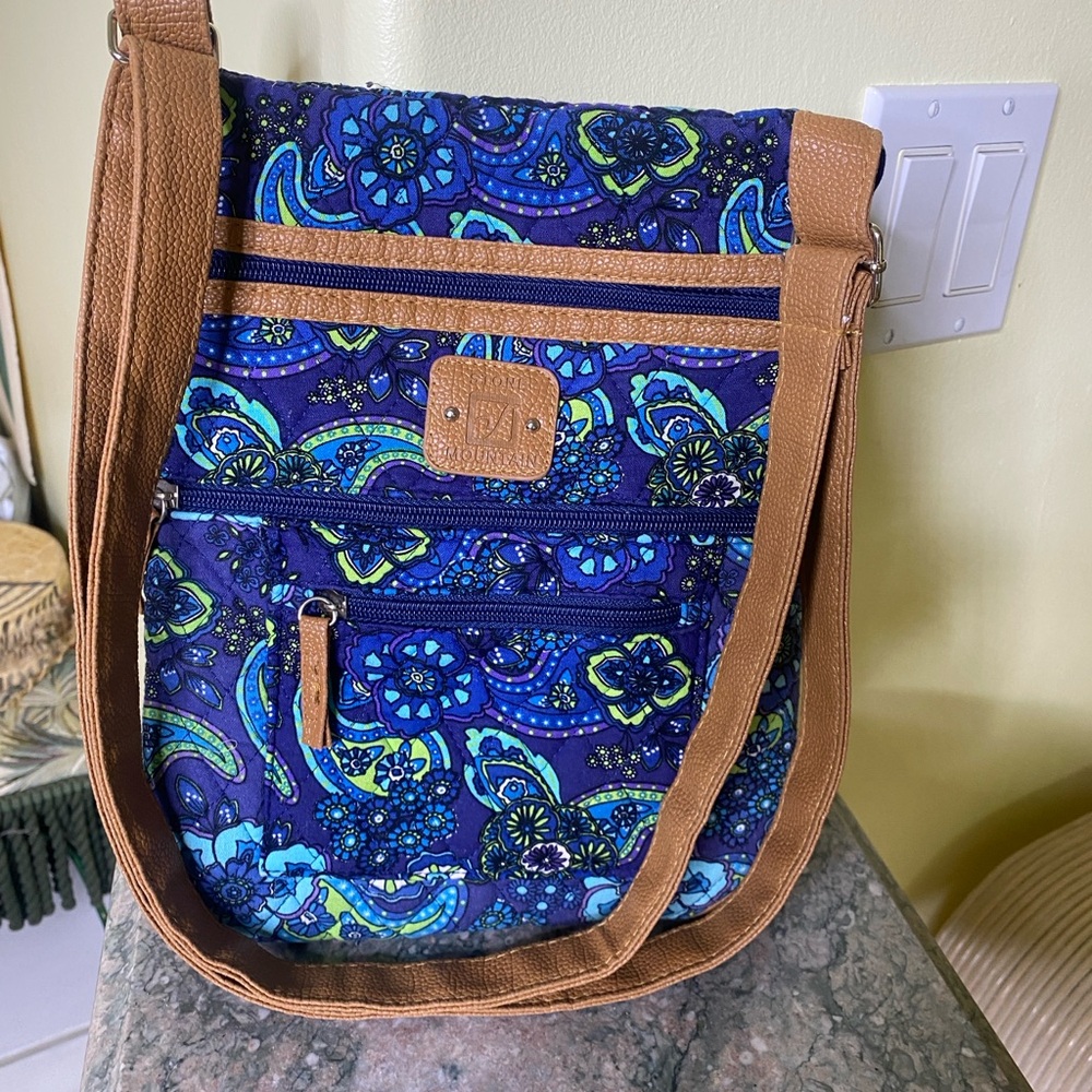 Stone Mountain Blue Paisley quilted Crossbody Bag with tan trim